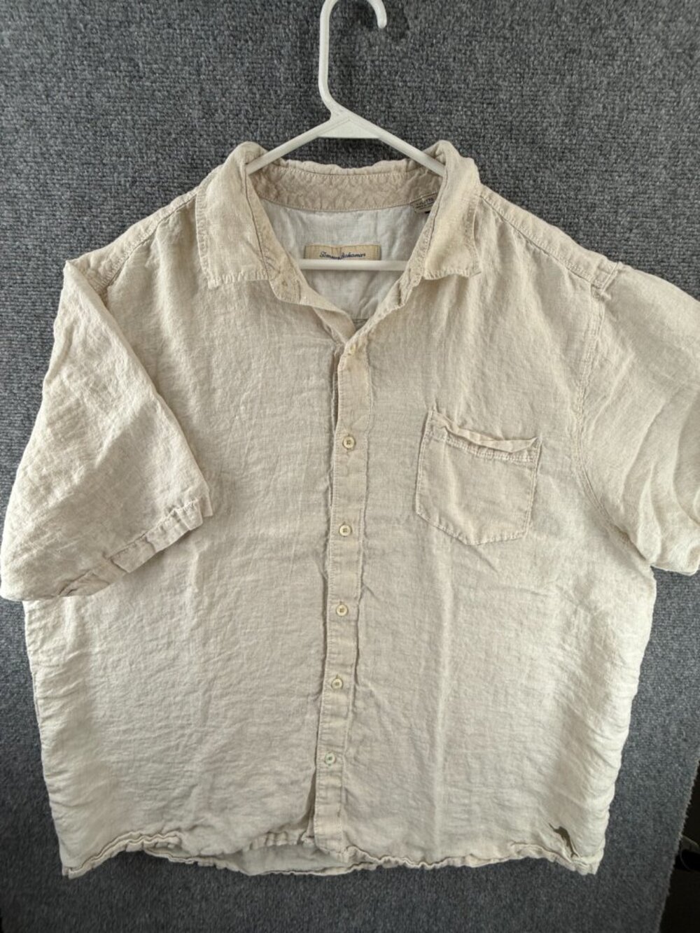 Tommy Bahama Short Sleeve 2XL Linen Beige Shirt Solid Vacation Pocket Button Up